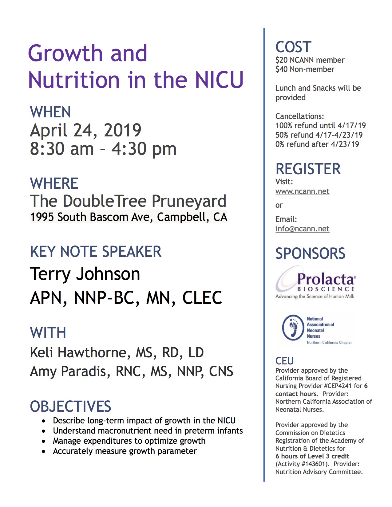 2019 April Growth and Nutrition in the NICU Prolacta and NCANN Event
